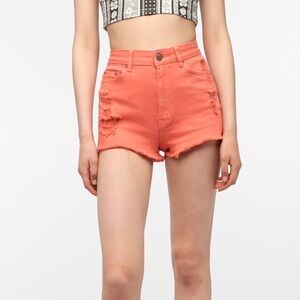 BDG high-rise cheeky coral jean shorts denim stretch orange pink cut-off 26